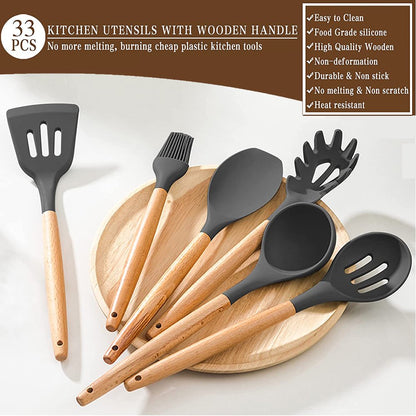 33 Pcs Silicone Kitchen Utensil Set, Cooking Utensils Set, Food Grade Silicone Spatula Set, Bpa-Free, 446°F Heat Resistant Kitchen Gadgets Tools Set with Wooden Handle for Non-Stick Cookware, Gray