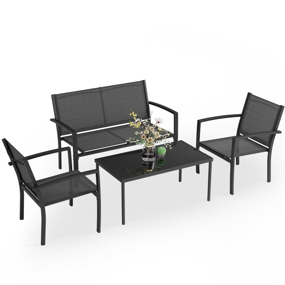 LACOO 4 Pieces Patio Indoor Furniture Outdoor Patio Furniture Set Textilene Bistro Set Modern Conversation Set Black Bistro Set with Loveseat Tea Table for Home, Lawn and Balcony, Black