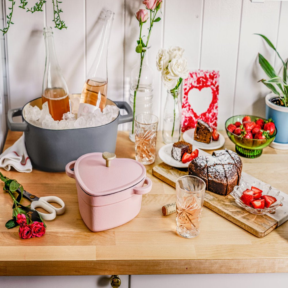 Beautiful 2QT Cast Iron Heart Dutch Oven, Pink Champagne by Drew Barrymore