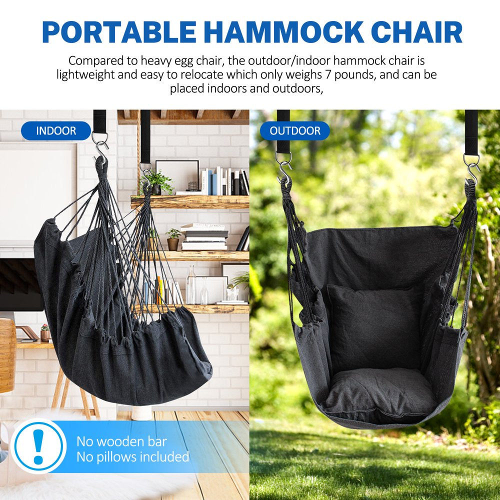 Livhil Hammock Chair Hanging Rope Hammock Swing Chair, Max 300 lbs Portable Hanging Hammock Chair with Pocket- Perfect for Outdoor, Home, Bedroom, Patio, Yard ,Balcony (Dark Gray)