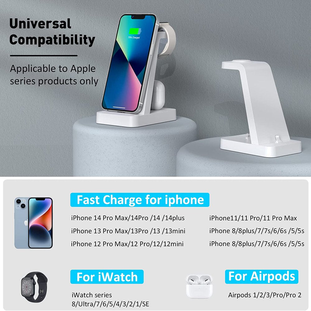 Charger Station for Iphone Multiple Devices - 3 in 1 Fast Wireless Charging Dock Stand for Apple Watch Series 7 6 SE 5 4 3 2 & Airpods Iphone 14 13 12 11 Pro X Max XS XR 8 7 plus 6S 6 with Adapter