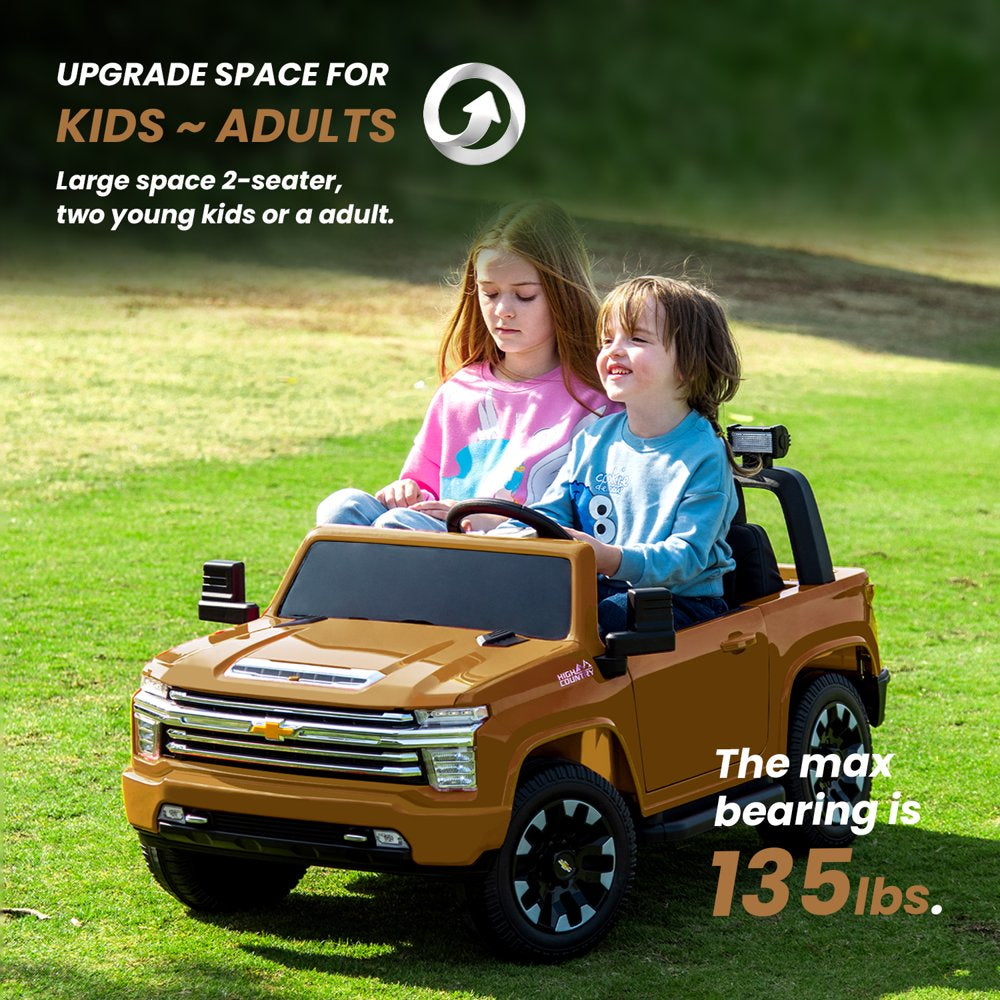 Track 7 24V Ride on Car, Licensed Silverado HD 2 Seater Electric Car for Boys Girls Age 3+, 24V Ride on Truck w/Remote Control, Music, ABC, Brown