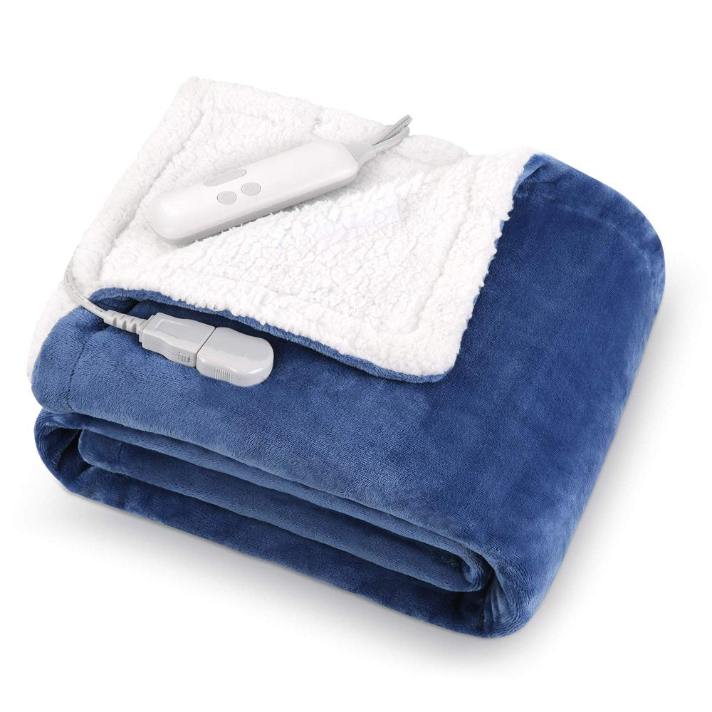 MaxKare Electric Throw Blanket 50"x60" Flannel & Sherpa Heated Blanket with 6 Heating Levels, 5 Hours Timer, Machine Washable - Blue