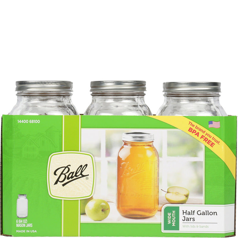 Ball Wide Mouth 64oz Half Gallon Mason Jars with Lids & Bands, 6 Count