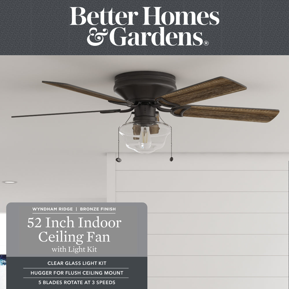 Better Homes & Gardens Wyndham 52" Bronze Ceiling Fan with Light, 5 Blades, Pull Chains & Reverse Airflow