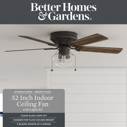 Better Homes & Gardens Wyndham 52" Bronze Ceiling Fan with Light, 5 Blades, Pull Chains & Reverse Airflow