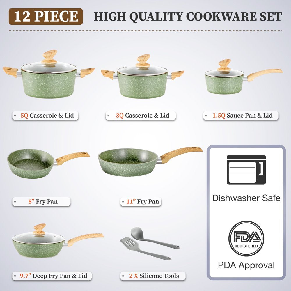 Sophia & William 12 Pieces Kitchen Nonstick Granite-Coated Cookware Set - Green