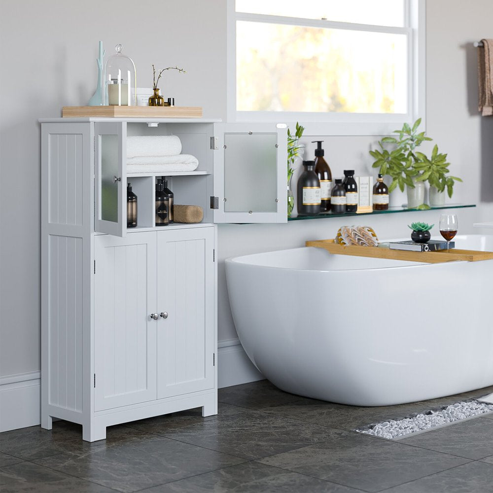 Bathroom Storage Cabinet, Floor White Wooden Linen Cabinet with Shelves and Doors, Kitchen Cupboard