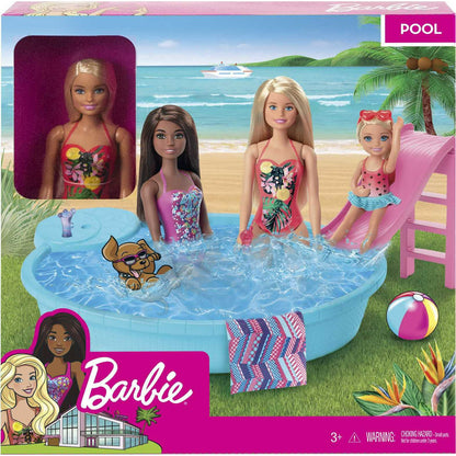 Barbie Doll and Pool Playset with Slide and Accessories, Blonde in Tropical Swimsuit