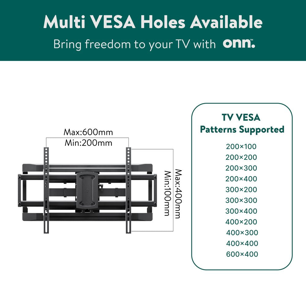 onn. Full Motion TV Wall Mount for 50" to 86" TVs, up to 15° Tilting