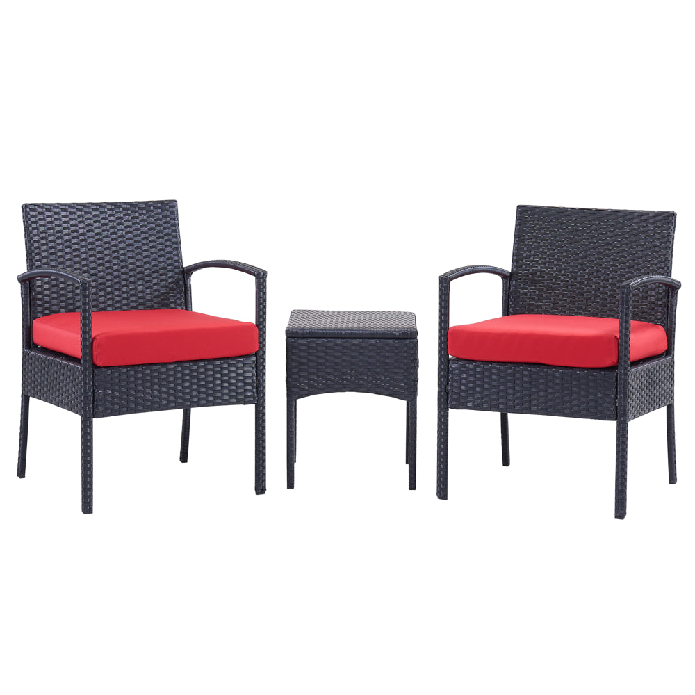 Tappio Outdoor Furniture 3 Piece Patio Bistro Furniture Set, Rattan Conversation Chairs Set with Side Table and Cushions, Patio Furniture Sets for Balcony Garden Porch, Red