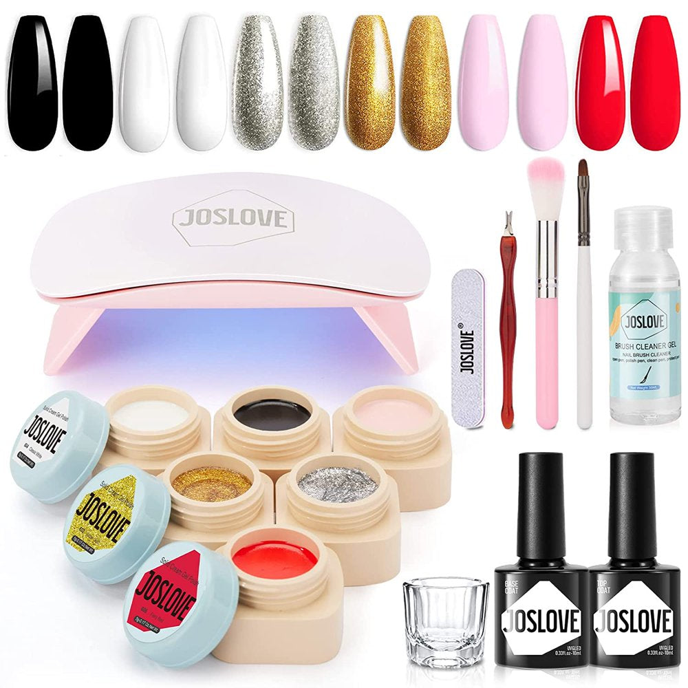 6 Colors Solid Gel Nail Polish Kit with U V Light and Base Top Coat, Nude Collection Cream Pudding Gel Nail Polish Set DIY Home Manicure