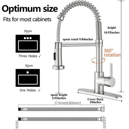 PHANCIR Kitchen Faucet with Pull down Sprayer, Brushed Nickel Commercial Spring Kitchen Sink Faucet Single Handle Pull Out Sink Faucets with Deck Plate Suit to 1 or 3 Holes