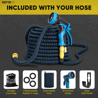 KOTTO Expandable Garden Hose 100ft with 10 Spray Nozzles, Hose Holder, Multi-Purpose Anti-Rust Solid Brass Connector and Leak-Proof Design, Light Weight No Kink Flexible