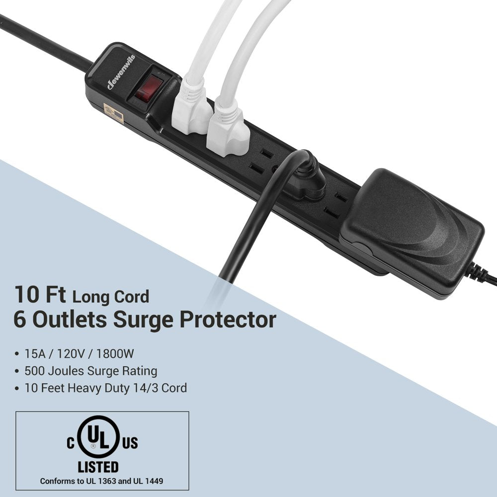 DEWENWILS 6-Outlet Surge Protector Power Strip with 10ft Long Extension Cord, Low Profile Flat Plug, 500 J, Black