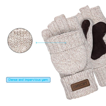 COOPLUS Mittens Winter Fingerless Gloves Warm Wool Knitted Gloves Convertible Gloves for Men and Women