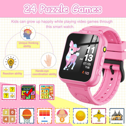 Kids Game Smart Watch for Boys Girls,Smart Wristwatch for Kids with 24 Games 5 Language 3 Alarms 2 Cameras Music Torch Pedometer Calendar,Best Gifts for Children(Pink)