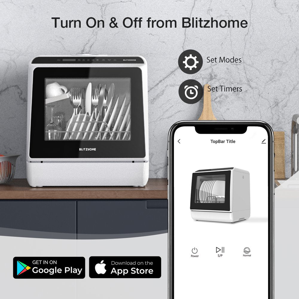 BlitzHome Countertop Dishwasher, Smart APP Control,Drying Function, 360° Dual Spray,5 Programs,w/ 5L Water Tank, for RV & Apartment