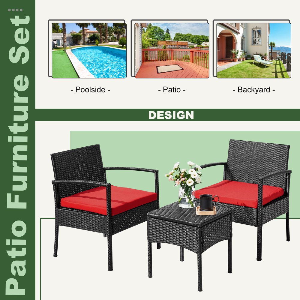 Tappio Outdoor Furniture 3 Piece Patio Bistro Furniture Set, Rattan Conversation Chairs Set with Side Table and Cushions, Patio Furniture Sets for Balcony Garden Porch, Red