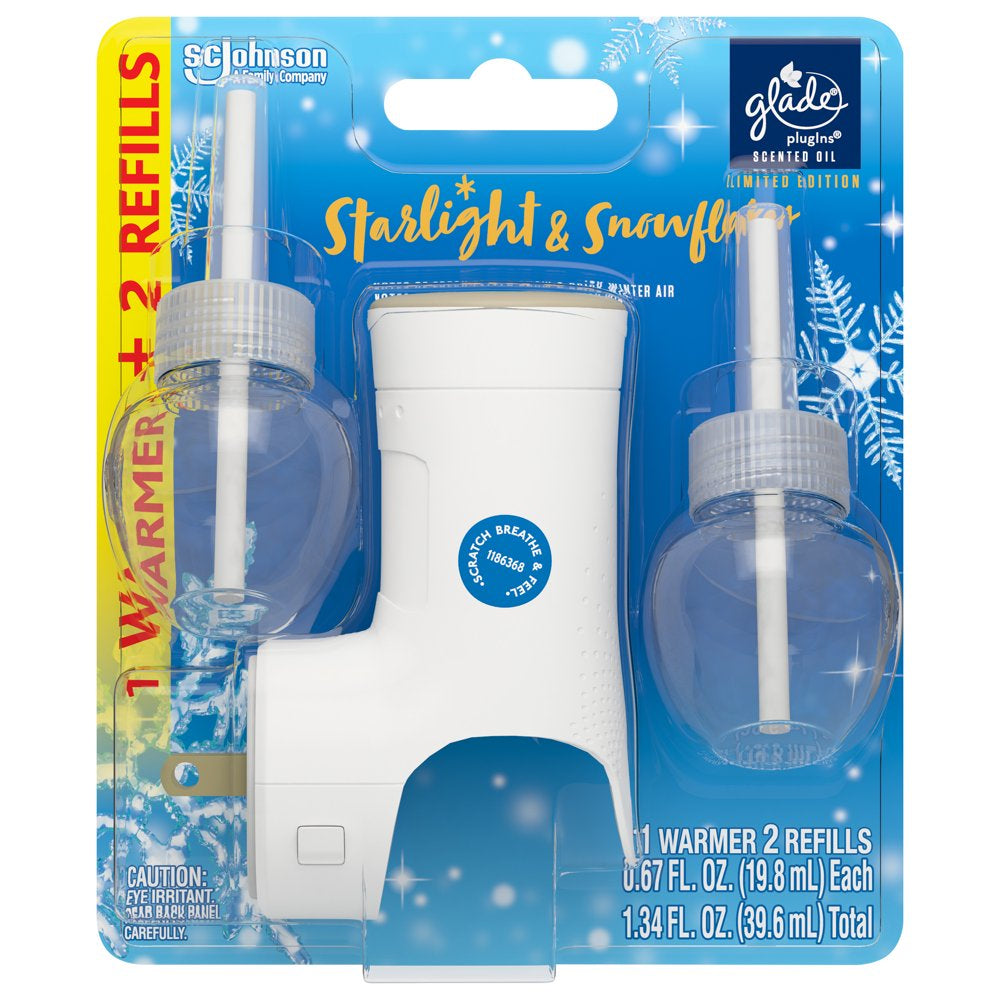 Glade PlugIns Scented Oil, Air Freshener, 1 Warmer + 2 Refills, Starlight & Snowflakes, 0.67 oz Each, 1.34 oz Total