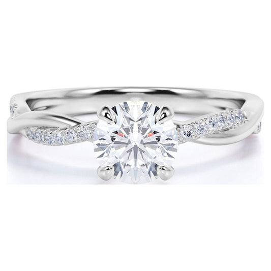 Cathedral Prong 1.25 Carat Round Shaped Moissanite Half Pave Infinity Twisted Shank Engagement Ring In 18K White Gold Plating Over Silver