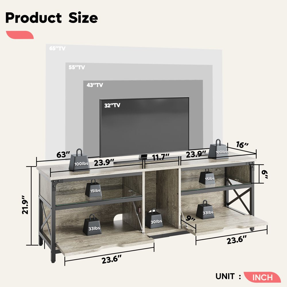 Bestier TV Stand with LED Lights & Charging Station for Tvs up to 70", Gray