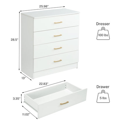 White 4-Drawer Wood Dressers for Bedroom