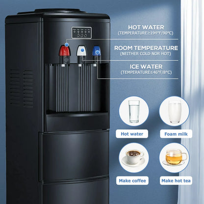 AGLUCKY 3-In-1 Water Cooler Dispenser with Built-In Ice Maker, Top Loading Water Coolers with 3 Temperature Settings, 5 Gallon Bottle, Child Lock, 27Lbs/24H Ice Maker Machine-Black