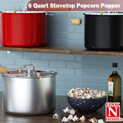  Stovetop Popcorn Popper with Crank, 6-Quart Aluminum Popcorn Pot, Silver