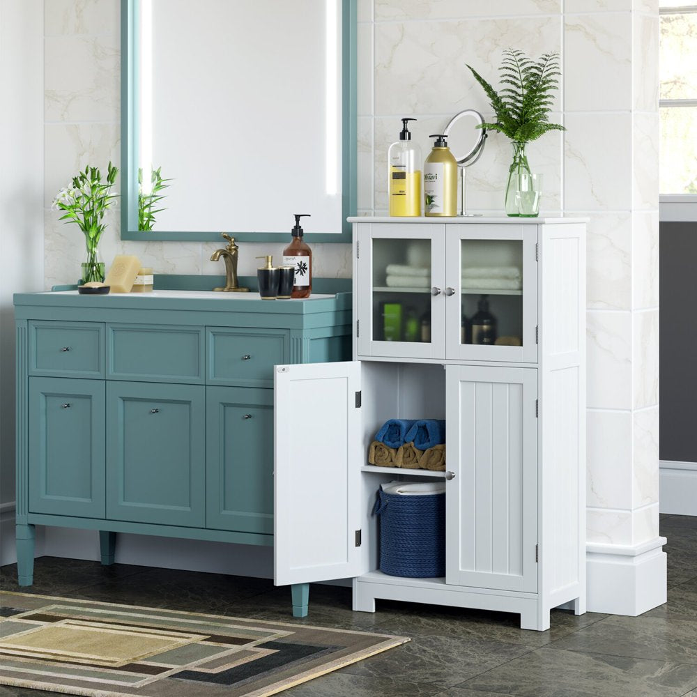 Bathroom Storage Cabinet, Floor White Wooden Linen Cabinet with Shelves and Doors, Kitchen Cupboard