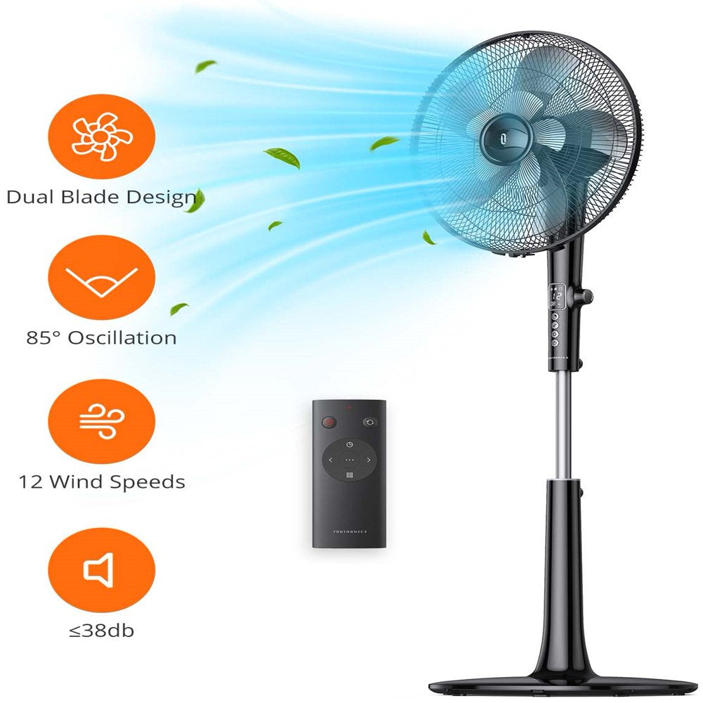 Taotronics Pedestal Fan, 16" Adjustable Oscillating DC Fan with Remote, 12-Speed, 3-Modes, Less Noise Cooling Fan, Black