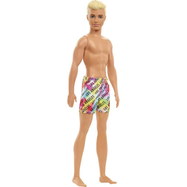 Barbie Ken Beach Doll with Blonde Hair Dressed in Colorful Los Angeles-Print Swim Trunks