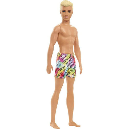 Barbie Ken Beach Doll with Blonde Hair Dressed in Colorful Los Angeles-Print Swim Trunks