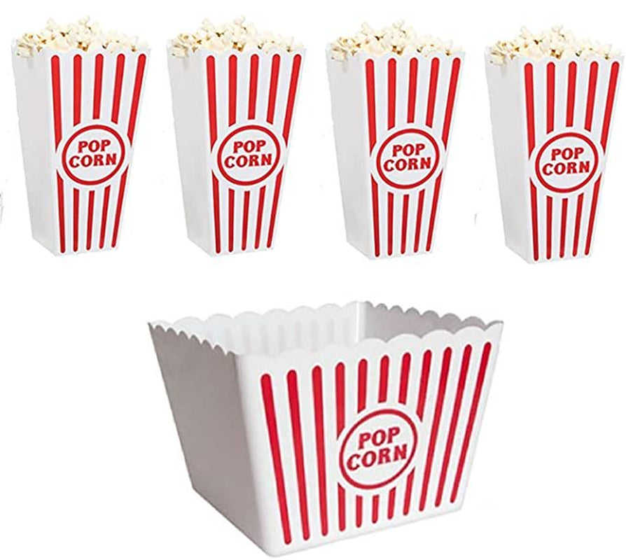 Popcorn Bowl Plastic Classic Tub Red & White Striped, Movie Night Theater Bucket Reusable Set of 5