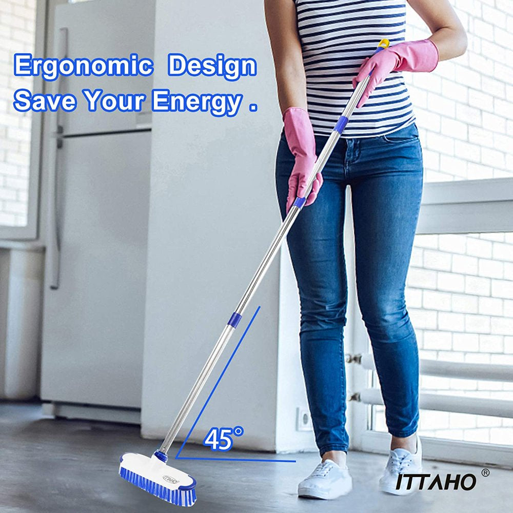 ITTAHO Floor Scrub Brush with Long Stainless Steel Handle Extension+Small Deep Cleaning Brush