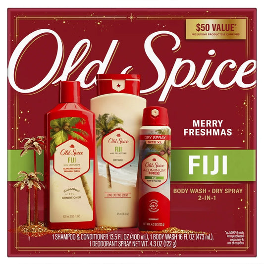 ($50 VALUE) Old Spice Fiji Men's Holiday Gift Pack with 2in1 Shampoo and Conditioner, Body Wash,  and Aluminum Free Spray