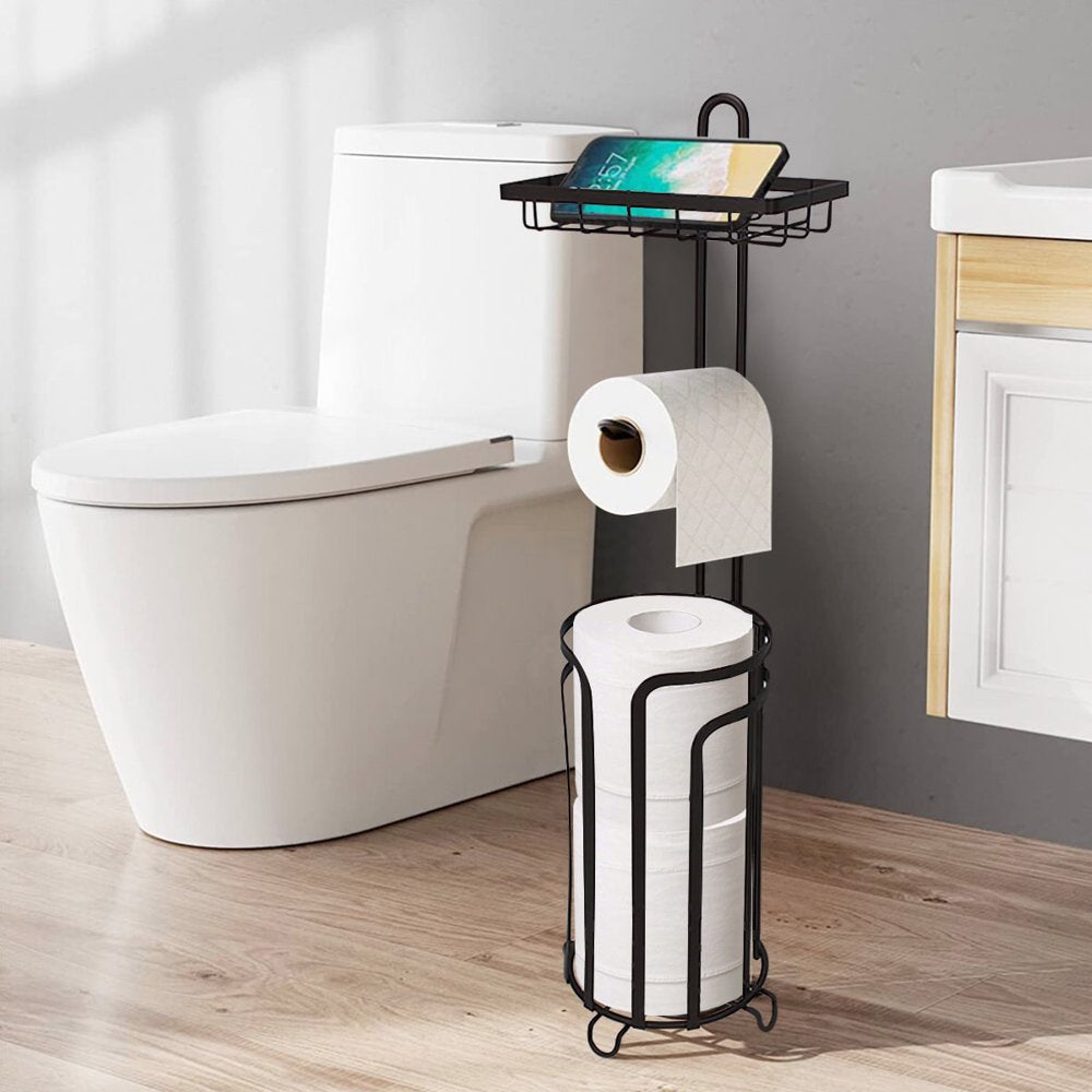 Bathroom Tissue Paper Roll Stand, Toilet Paper Roll Storage Holder, Free-Standing Toilet Paper Holder & Dispenser, Black