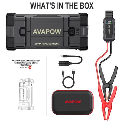 AVAPOW Car Battery Jump Starter ,3000A Peak Portable Jump Starters for Up to 8L Gas 8L Diesel Engine with Booster Function,12V Lithium Jump Charger Pack Box with Smart Safety Clamp