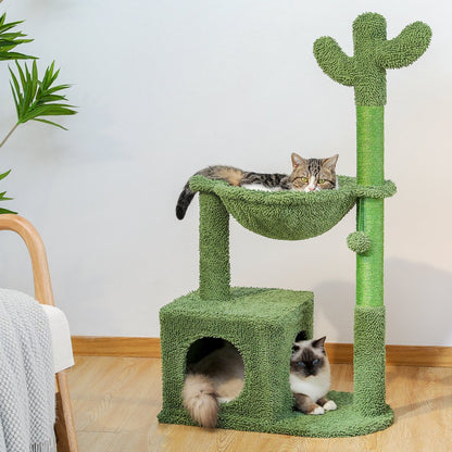 PAWZ Road Cactus Cat Tree Condo 39.4" with Hammock Perch, Cat Sisal Scratching Post for Indoor Kitty Medium Cats,Green