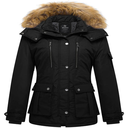 Wantdo Women's Winter Coat Thickened Winter Parka Hooded Puffer Jacket Black L