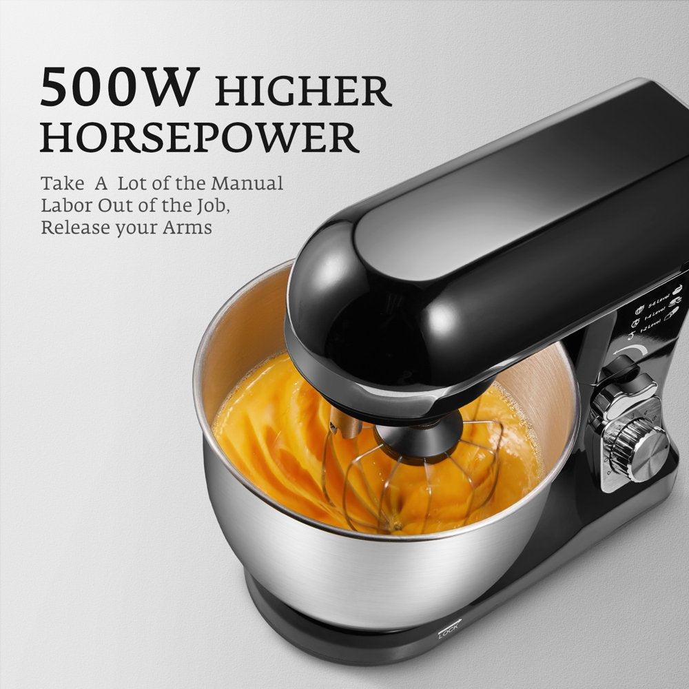 Stand Mixer with Double Hook, 6 Speeds, 5.5Qt Stainless Steel Bowl, Beater and Whisk Black