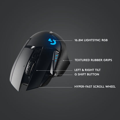 Logitech G502 LIGHTSPEED Wireless Gaming Mouse, HERO 25K Sensor, 25,600 DPI, RGB, Adjustable Weights, 11 Programmable Buttons, Long Battery Life, On-Board Memory, PC / Mac