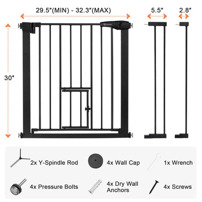 Baby Safety Gate 30"Tall 29.5''-40.5''Wide Doorway Baby Gate with Pet Door, Black