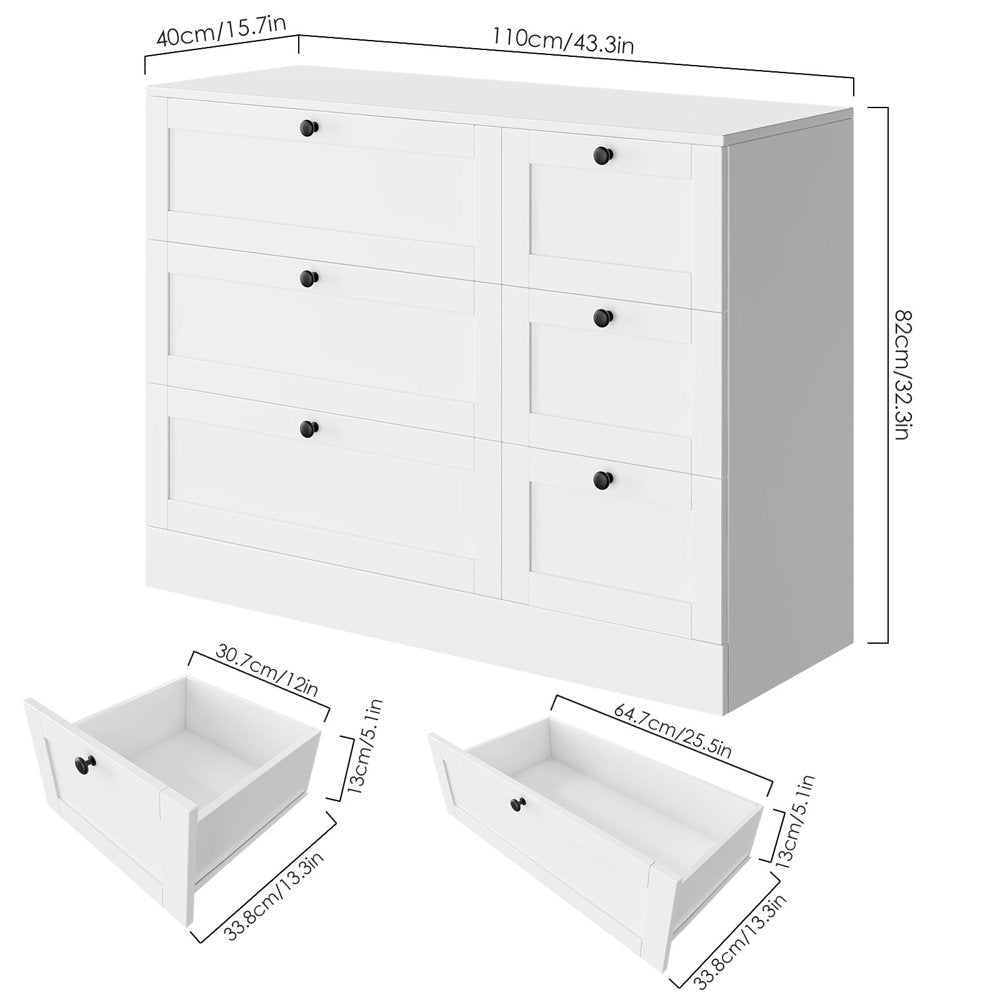 Homfa 6 Drawer White Double Dresser,Wood Storage Cabinet for Living Room, Chest of Drawers for Bedroom