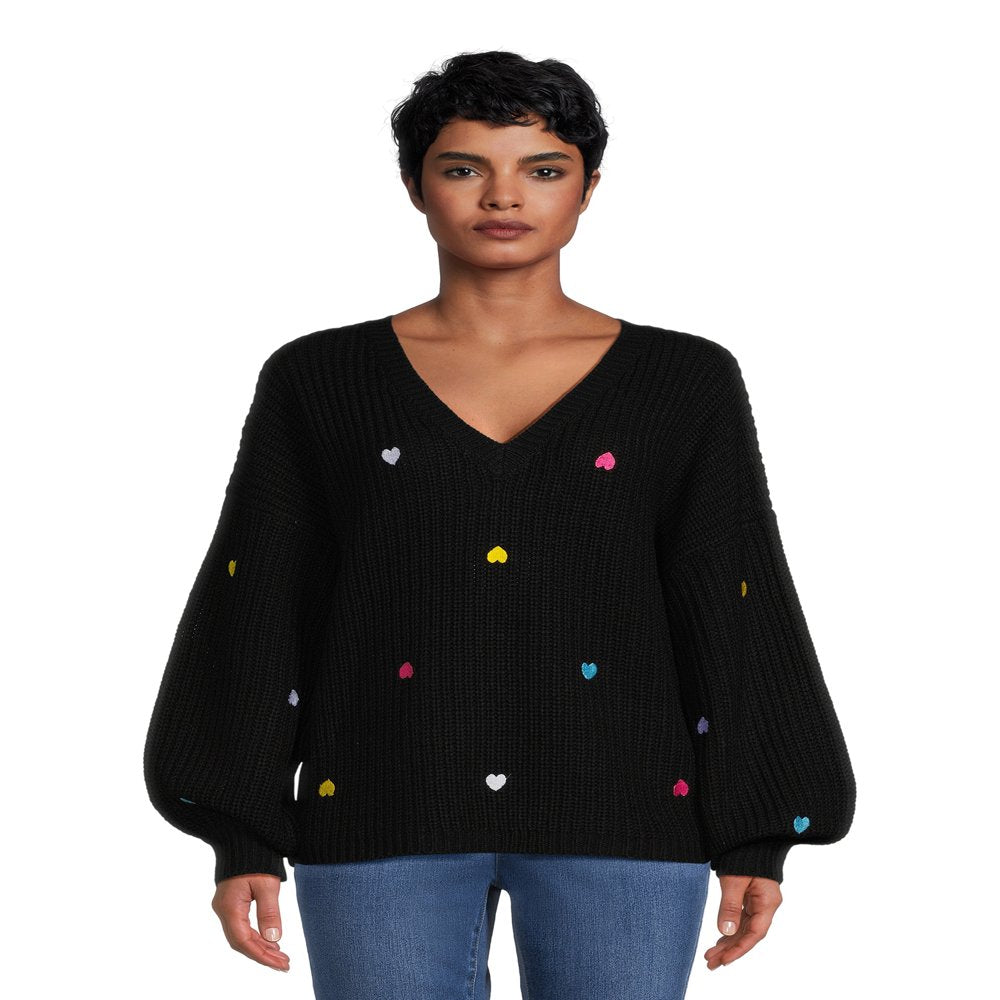 What's Next Women's Plus Size V-Neck Pullover with Heart Embroidery