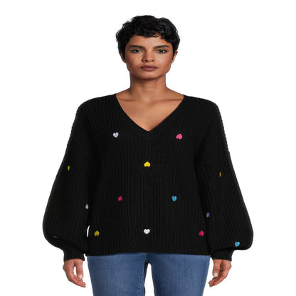 What's Next Women's Plus Size V-Neck Pullover with Heart Embroidery