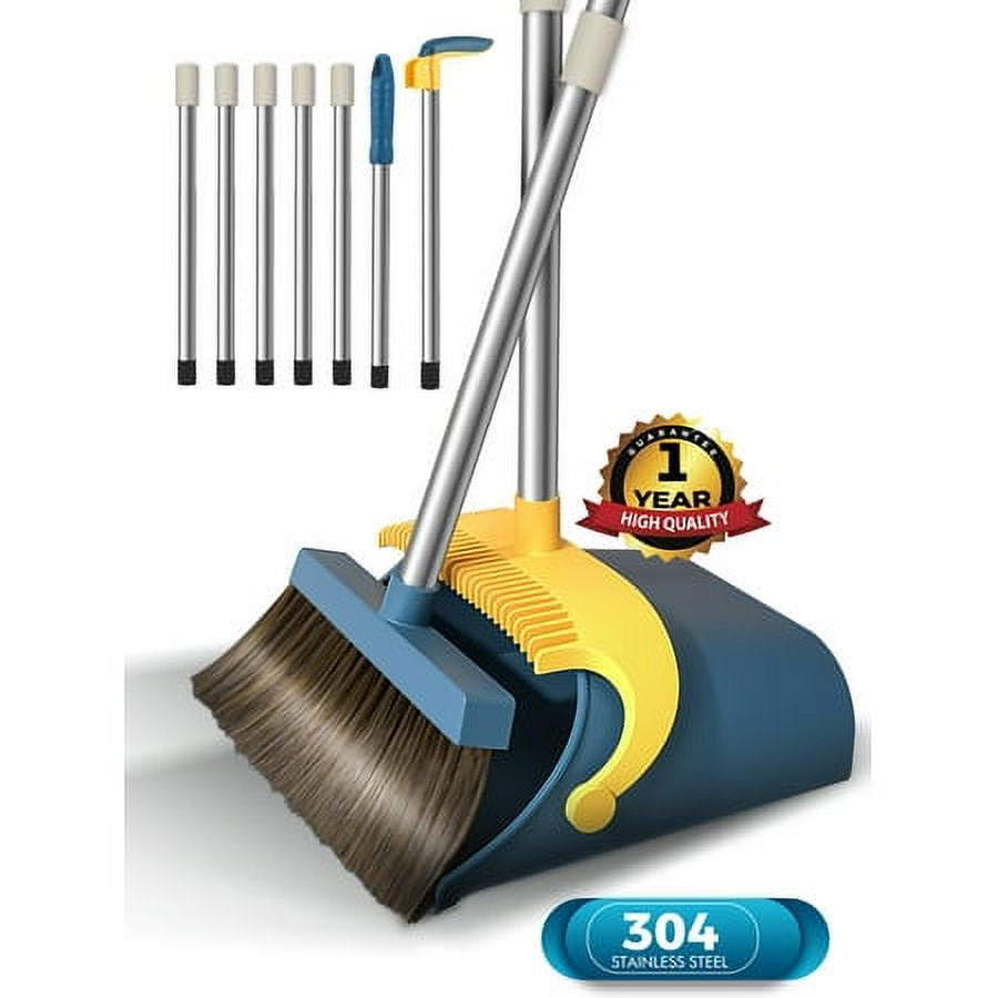 BIMZUC Upgrade 51.2'' Broom and Dustpan Set,Self-Cleaning with Dustpan Teeth,Broom and Dust Pan Combo-Blue