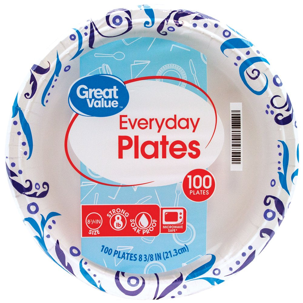 Great Value Everyday Strong, Soak Proof, Microwave Safe, Disposable Paper Lunch Plates, 8.5 inch, 100 Plates, Patterned