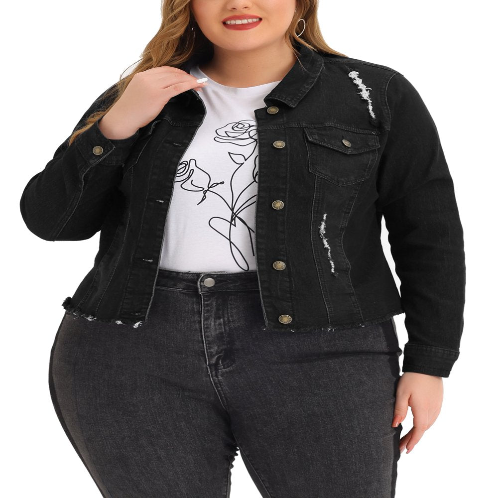  Women's Plus Size Outfits Classic Washed Front Frayed Denim Jacket