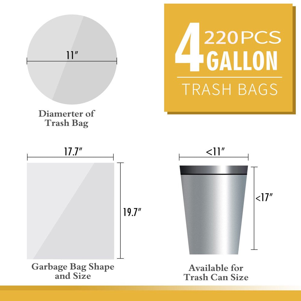 4 Gallon Trash Bag -220 Count (15 Liter) -Unscented 4 Gallon Garbage Bags for Bathroom, Kitchen, Bedroom